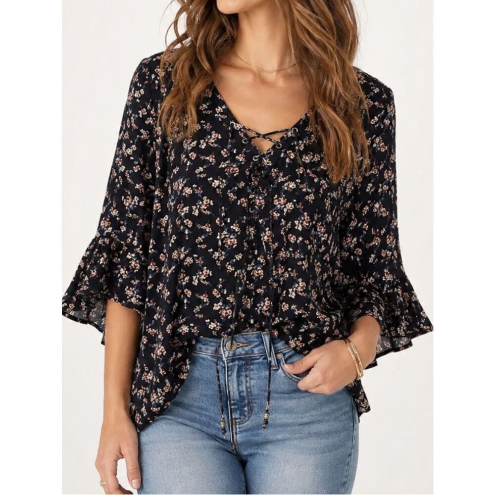 American Eagle Floral Lace-Up Peasant Blouse | Boho Top Size S